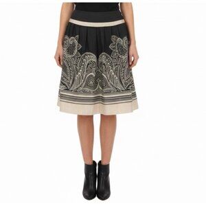 Black Cotton & Silk Women’s Paisley Midi Skirt With Pleats & Beige Accents